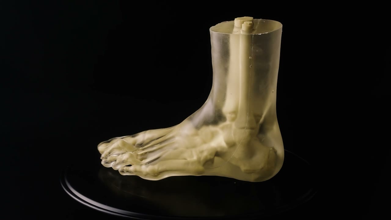 The Cadara Foot built up layer by layer: radiopaque skeleton, translucent soft-tissue matrix, then skin